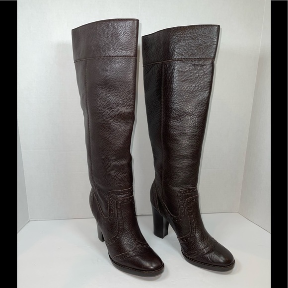 MICHAEL Michael Kors Oxford Brown Rippled Tall Leather 3"Heeled Boots EUC - Picture 1 of 9